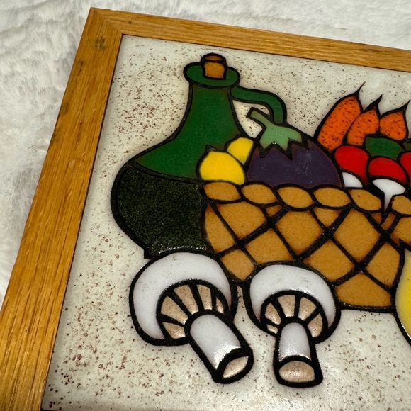 Vintage Food Vegetable Tile Trivet Wall Art Wooden Framed Mushrooms Carrots MCM - Picture 2 of 7